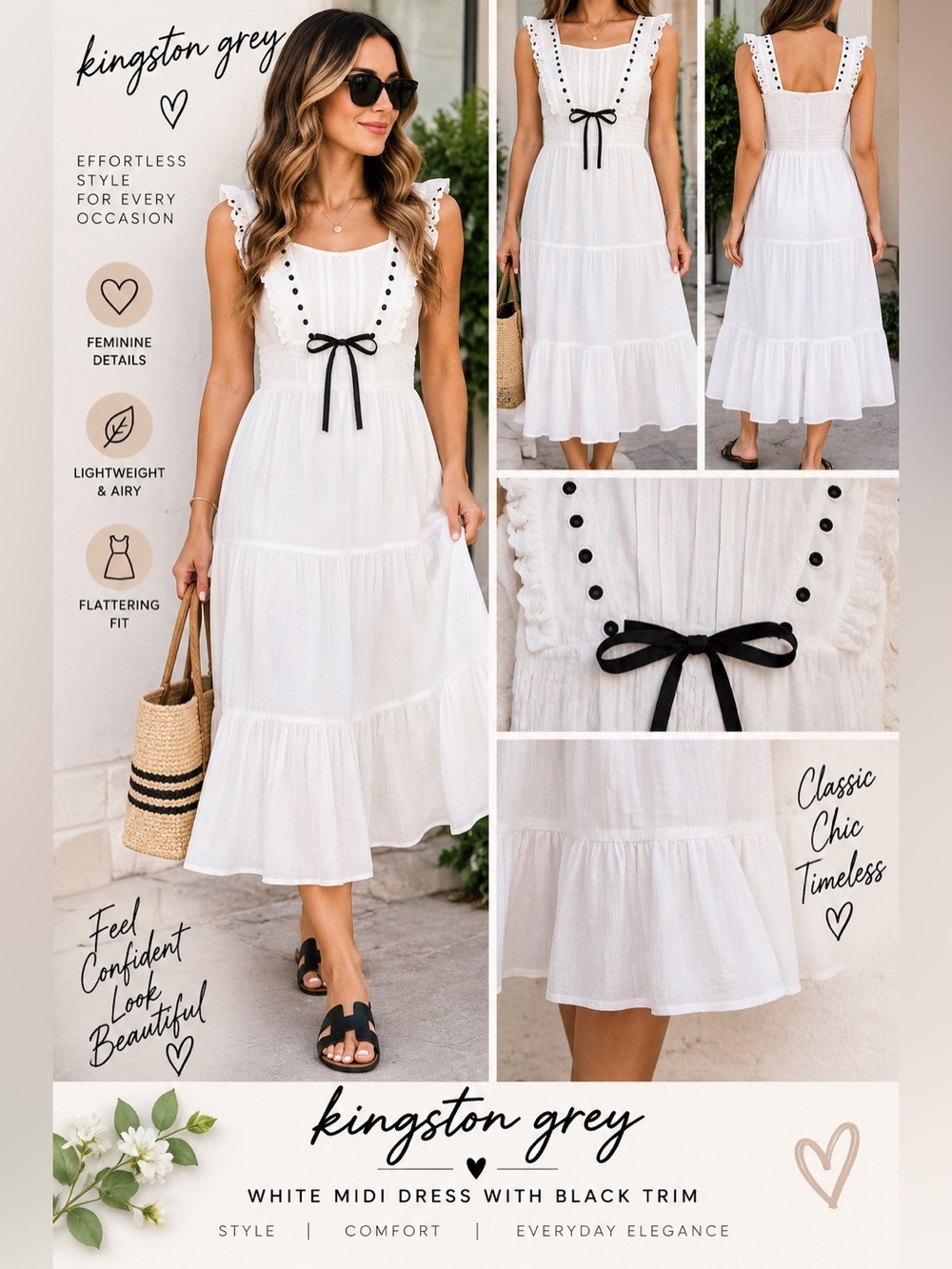 Kingston Grey White Midi Dress with Black Trim and Bow Detail NEW XS